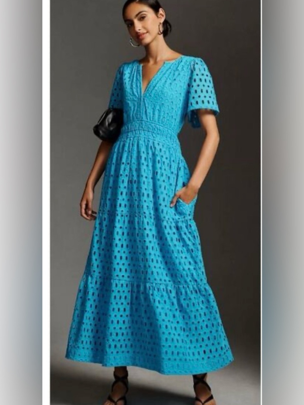 Anthropologie somerset blue embroidered Eyelet Maxi Dress with pockets